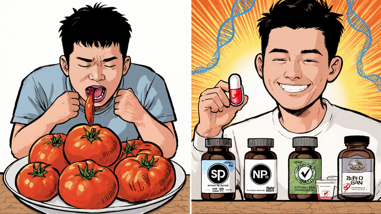 A person easily taking a supplement versus struggling to eat massive amounts of cooked tomatoes.