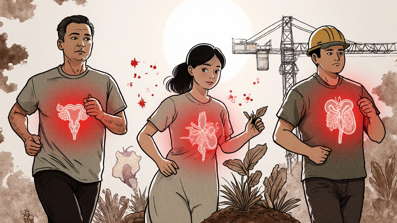 People with glowing red lycopene energy protecting their heart, skin, and prostate under sunlight.