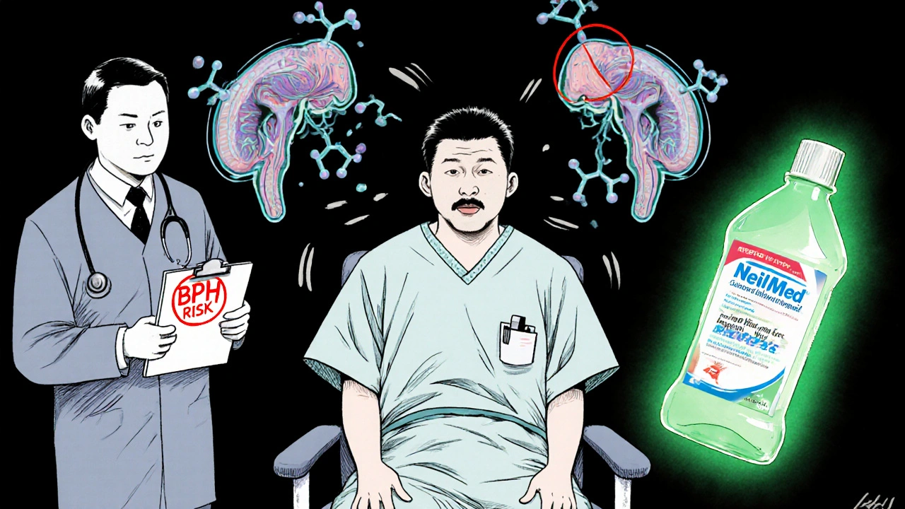 A man in a hospital receives a catheter while doctors and a pharmacist react in concern.