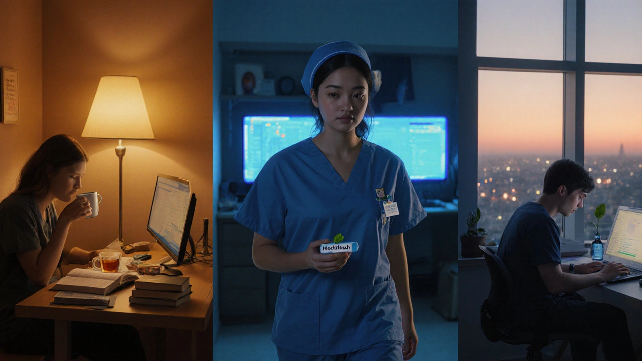 A night‑shift nurse walking a dim hallway, appearing focused while holding a Modafresh tablet, with hospital monitors glowing.