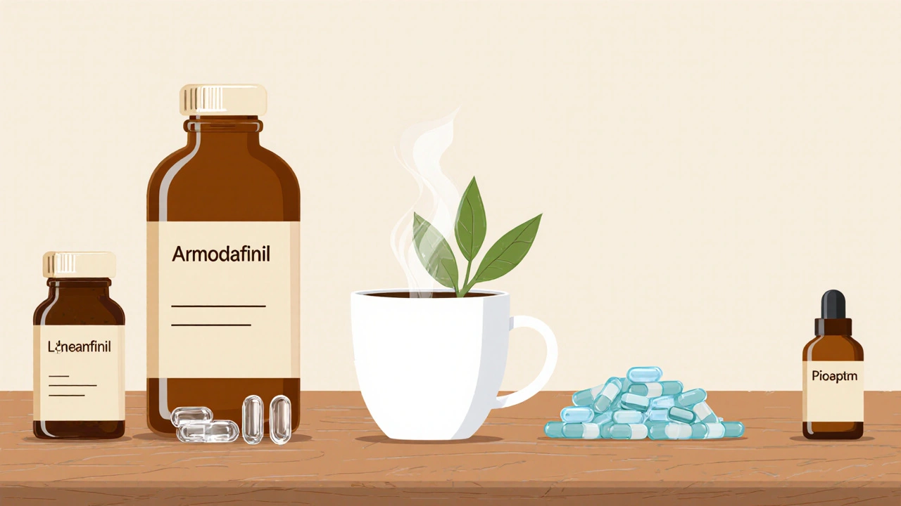 An arranged set of supplements: armodafinil bottle, adrafinil powder, coffee cup with tea leaves, piracetam capsules, and Noopept vials on a wooden table.