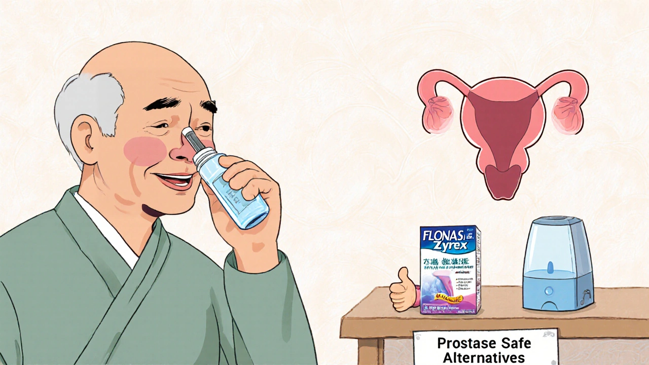 An elderly man uses a nasal rinse with safe alternatives like Flonase and Zyrtec nearby.