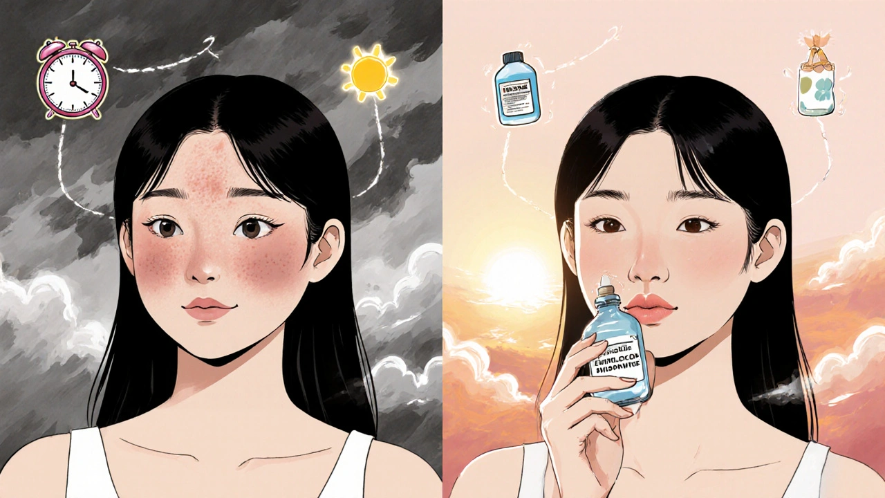 Before-and-after split image of woman with rosacea, showing healed skin under sunrise with symbols of consistent care.