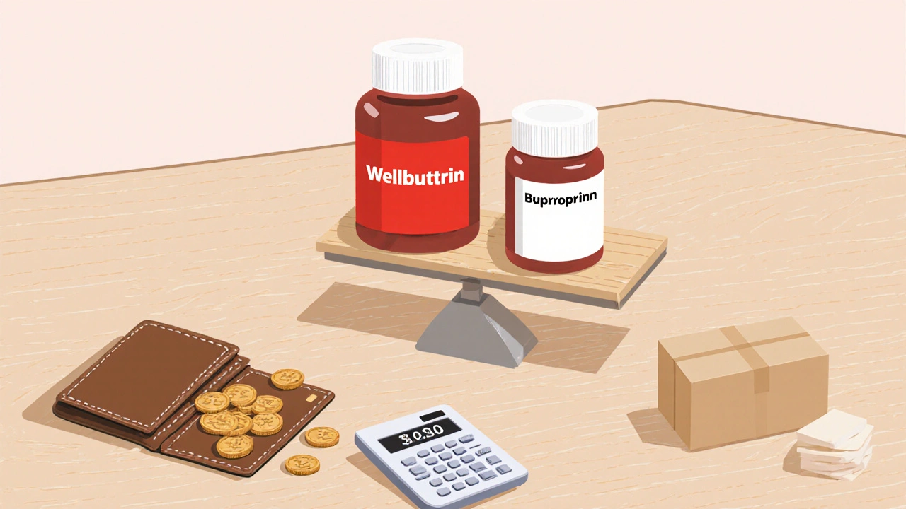 Brand and generic medication bottles displayed with wallet, calculator, and shipping box.