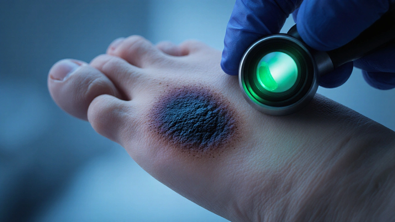 Close‑up of a dark irregular lesion on a foot sole examined with a dermatoscope.