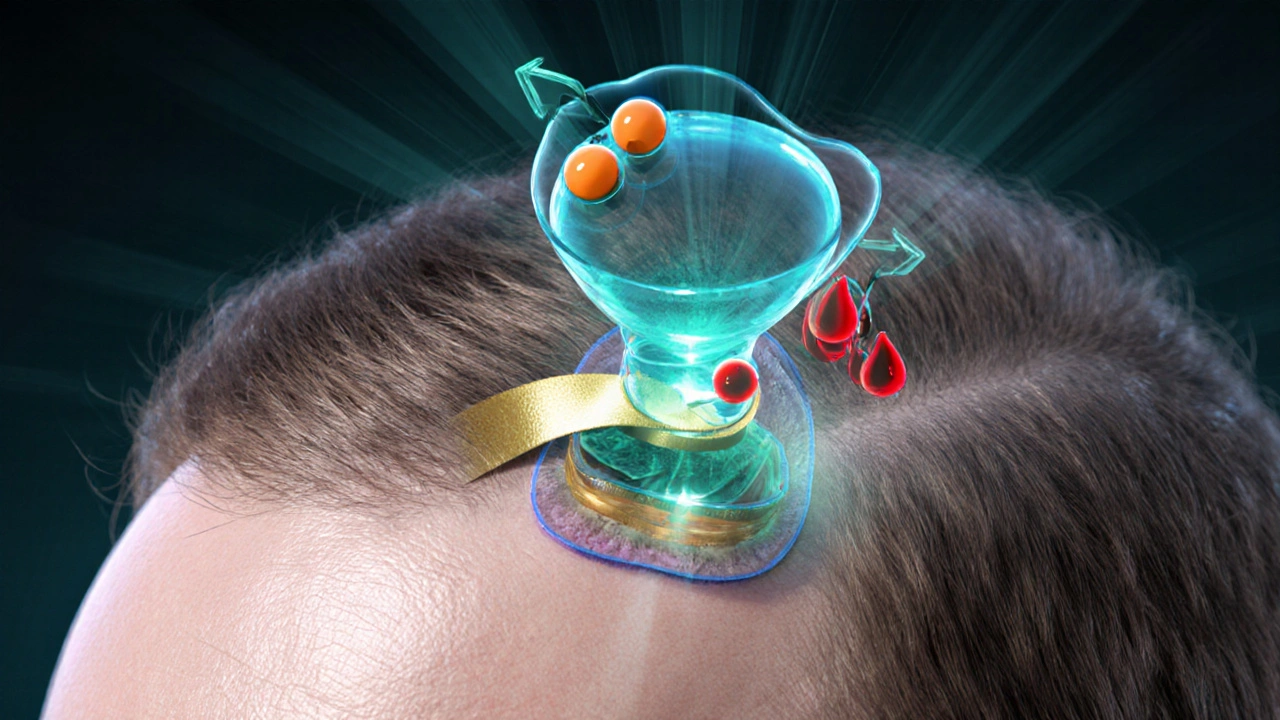 Close‑up of a hair follicle showing finasteride blocking an enzyme and DHT production.