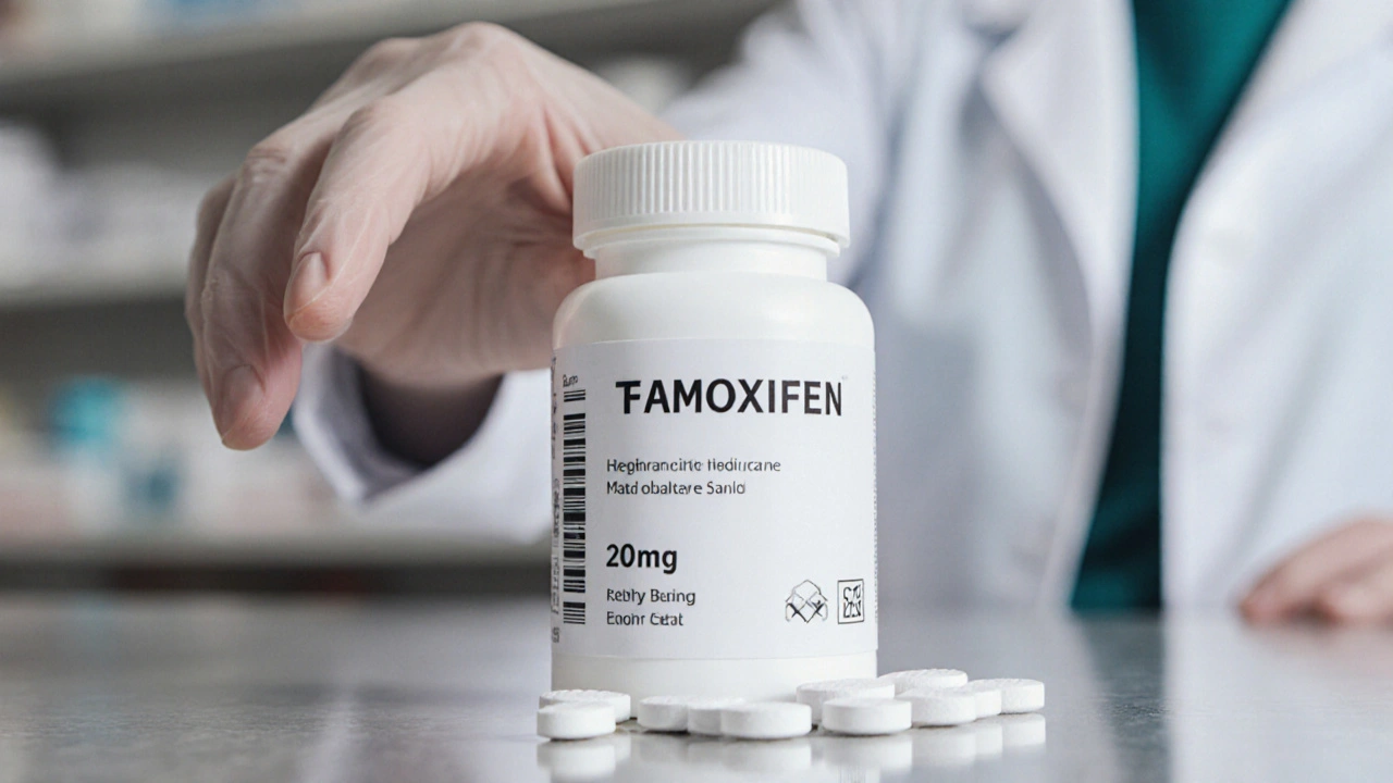 Close-up of tamoxifen bottle with pills and pharmacist hand.