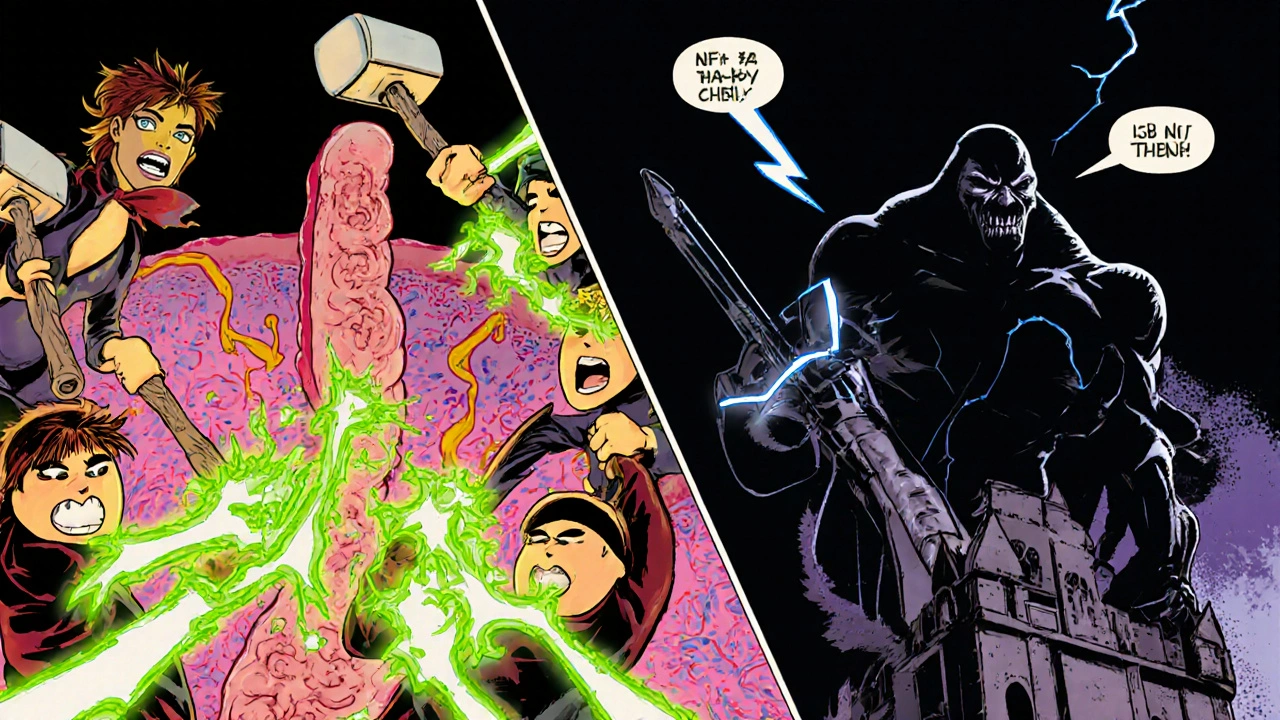 Comic panels showing mesalamine blocking COX enzymes and NF‑κB.