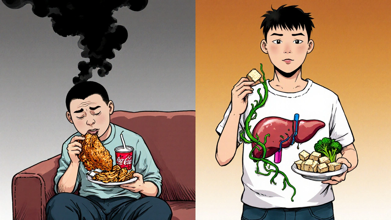 Contrasting scenes of unhealthy vs healthy eating with liver effects