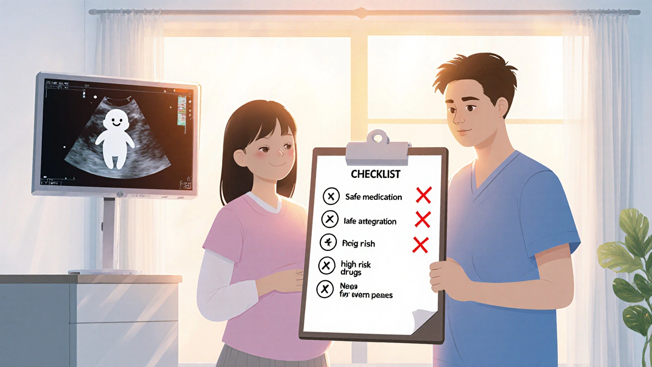 Couple and doctor reviewing a medication checklist in a bright clinic, with an ultrasound monitor displaying a baby.