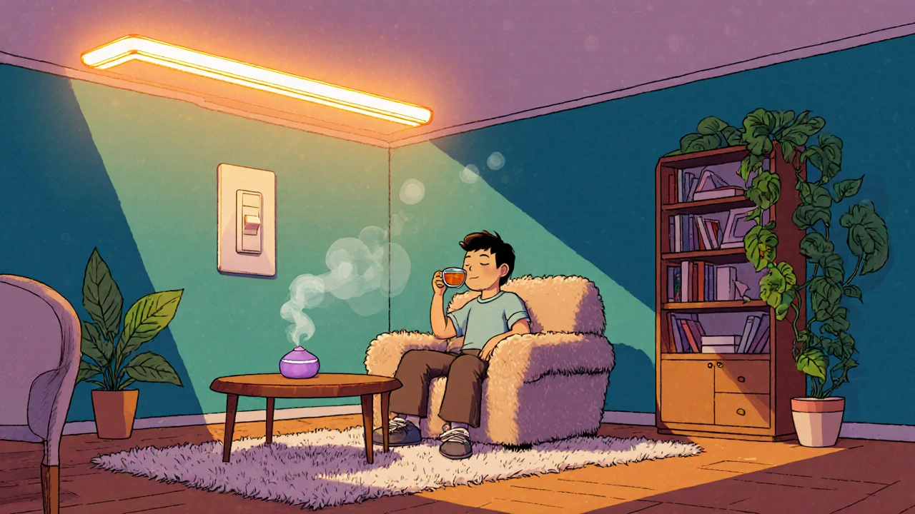 Cozy living room with warm LED lighting, teal wall, diffuser, and a person sipping tea feeling relaxed.