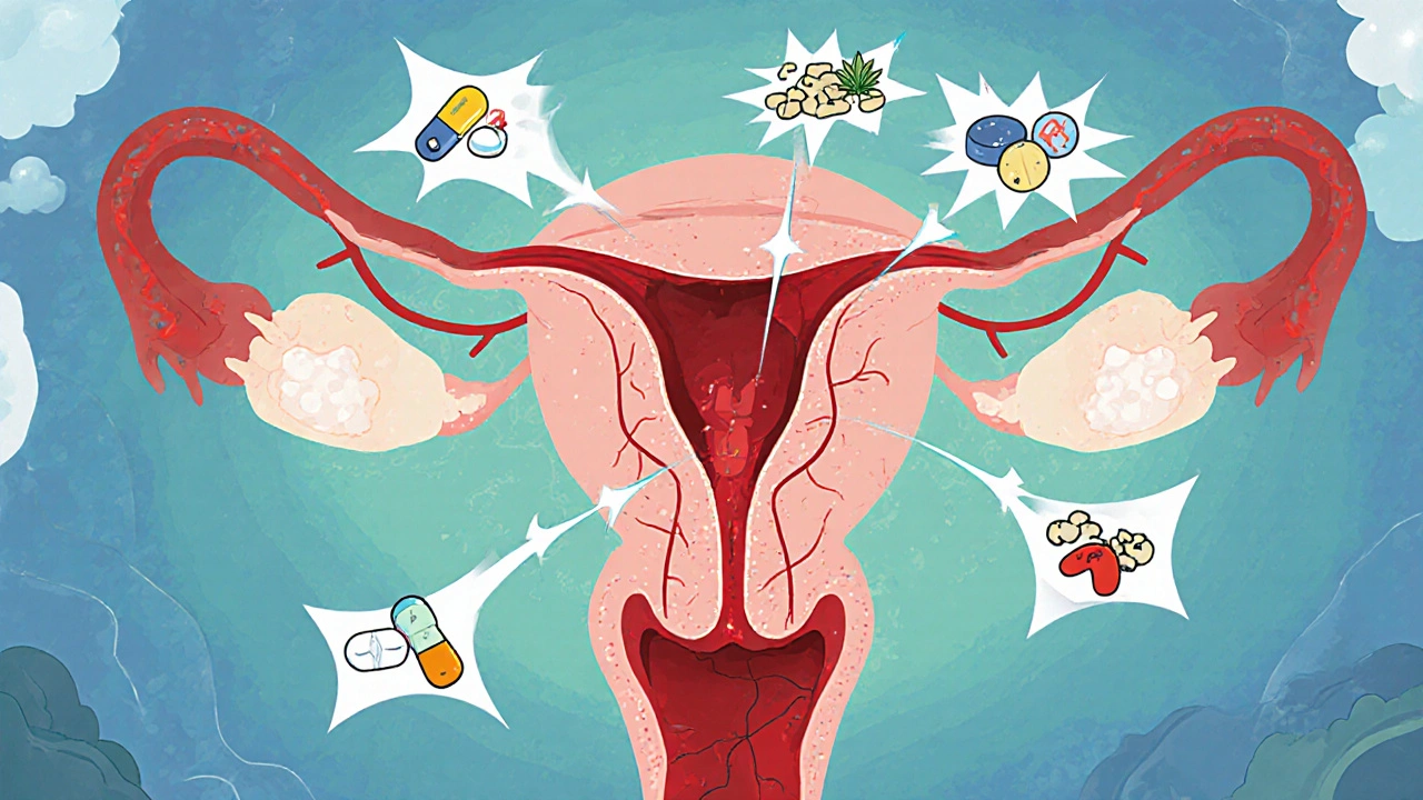 Cross‑section of uterus showing fetus and drug molecules crossing the placenta with arrows indicating damage mechanisms.