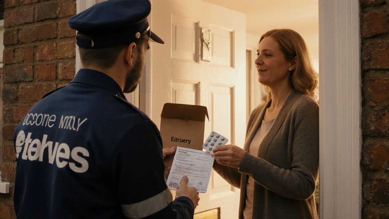 Delivery box opened at a UK doorstep revealing sealed generic pills and prescription.