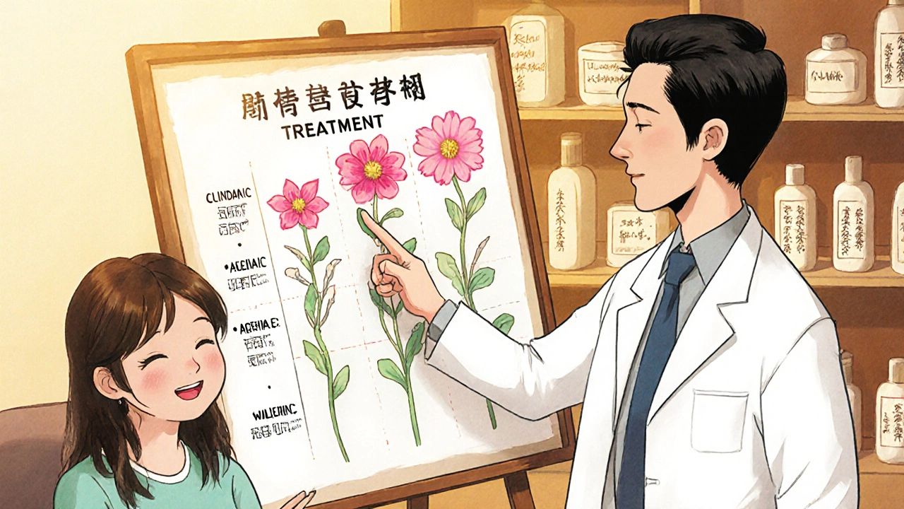 Dermatologist explaining rosacea treatments using an illustrated chart with flowers and vines showing improvement.