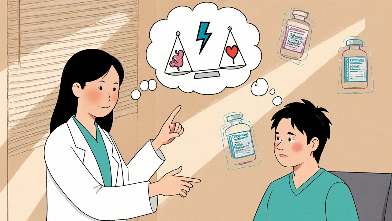 Doctor and patient discuss medication choices, thought bubble shows balance of pain relief and safety icons.