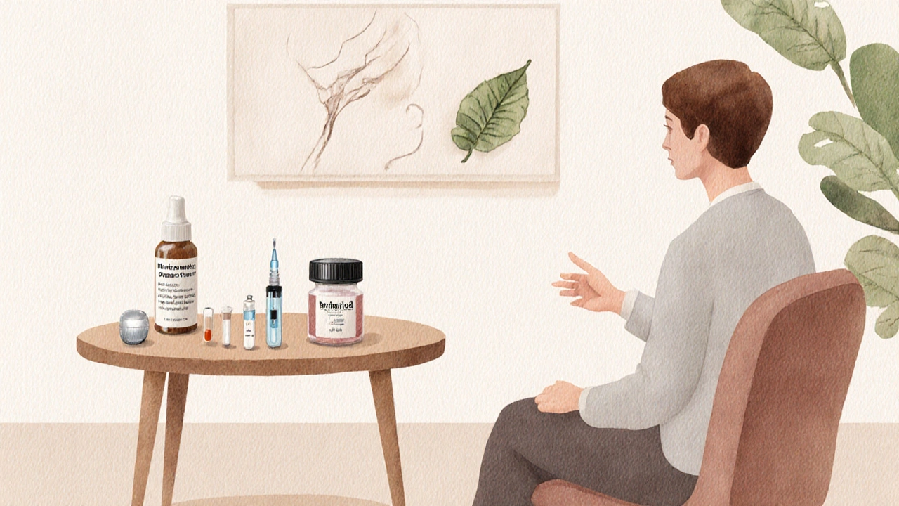 Doctor and patient reviewing various hair‑loss treatments displayed on a table.