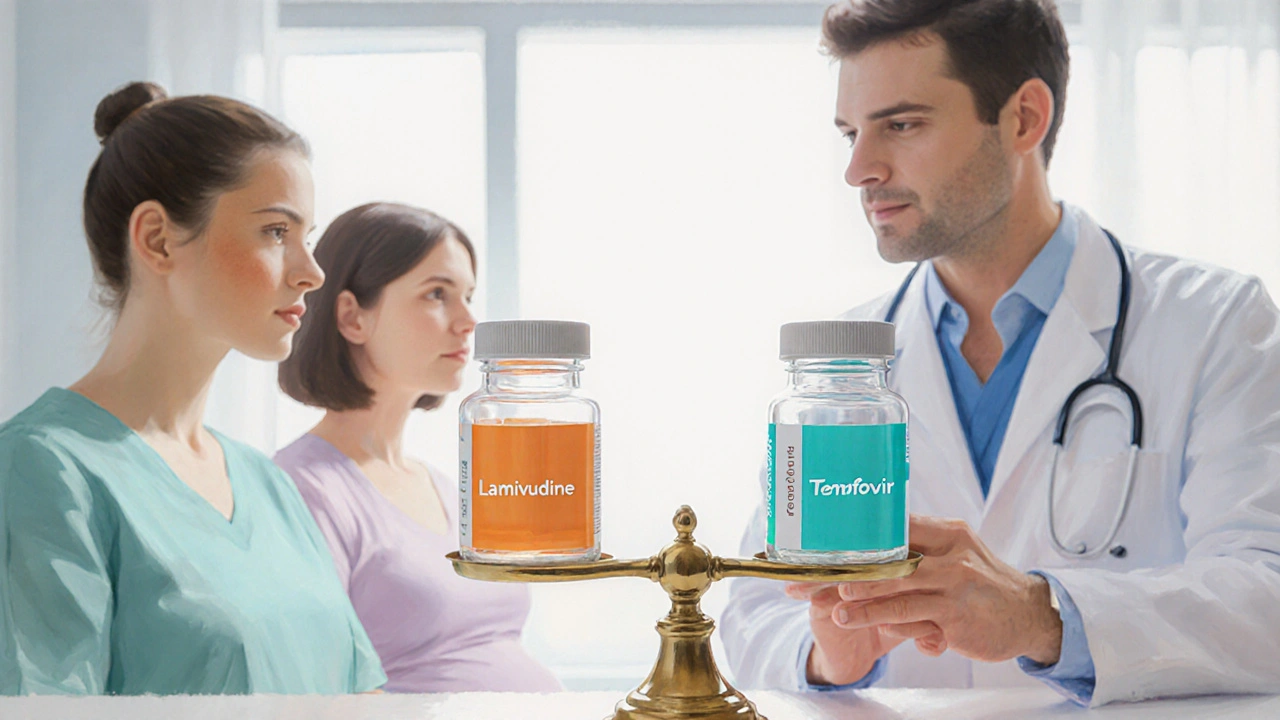 Doctor and patient view a balance scale with lamivudine and tenofovir bottles.