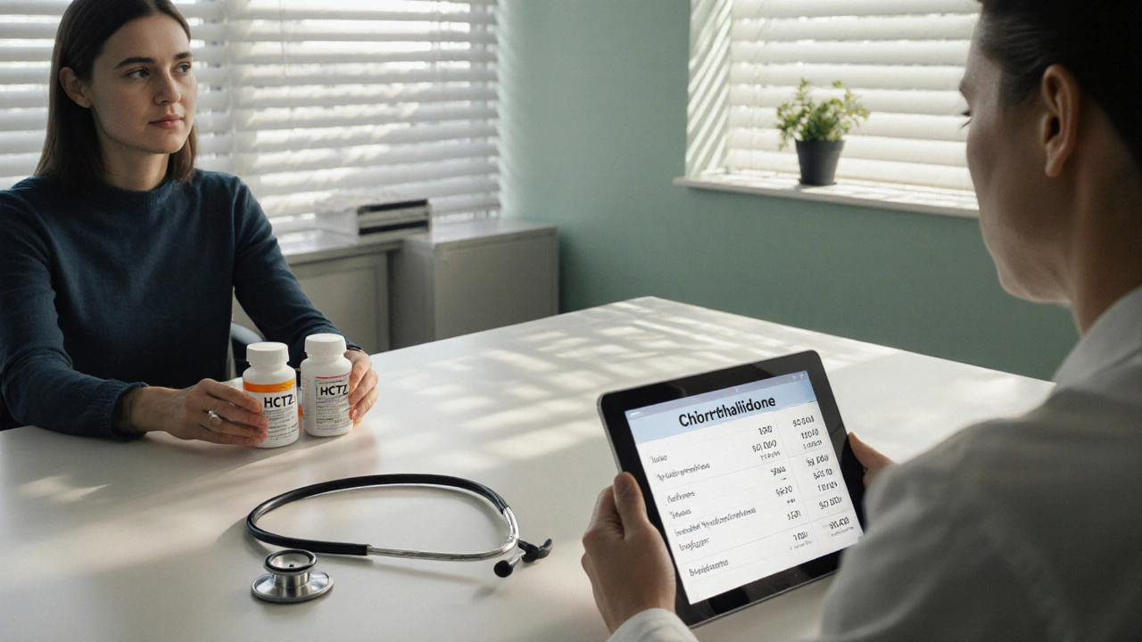 Doctor consulting a patient, holding two diuretic pill bottles, with soft sunlight in the office.