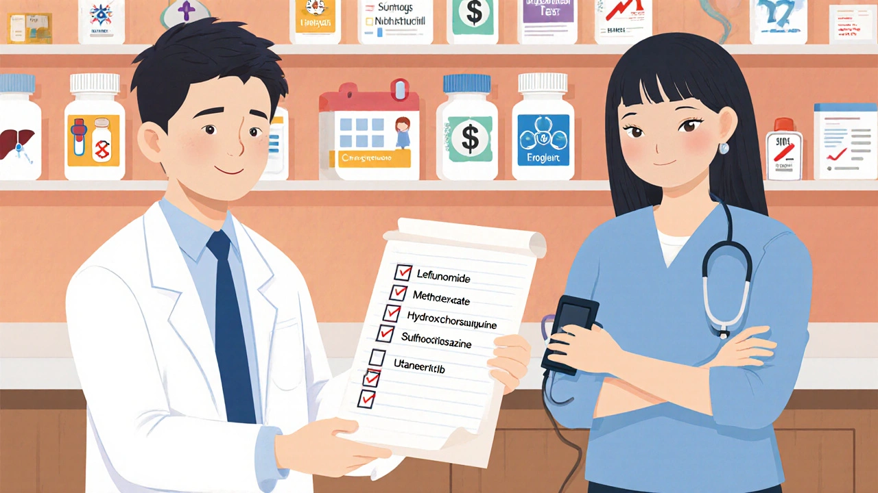 Doctor hands checklist to patient, with icons for liver test, pregnancy, cost, and drug bottles.