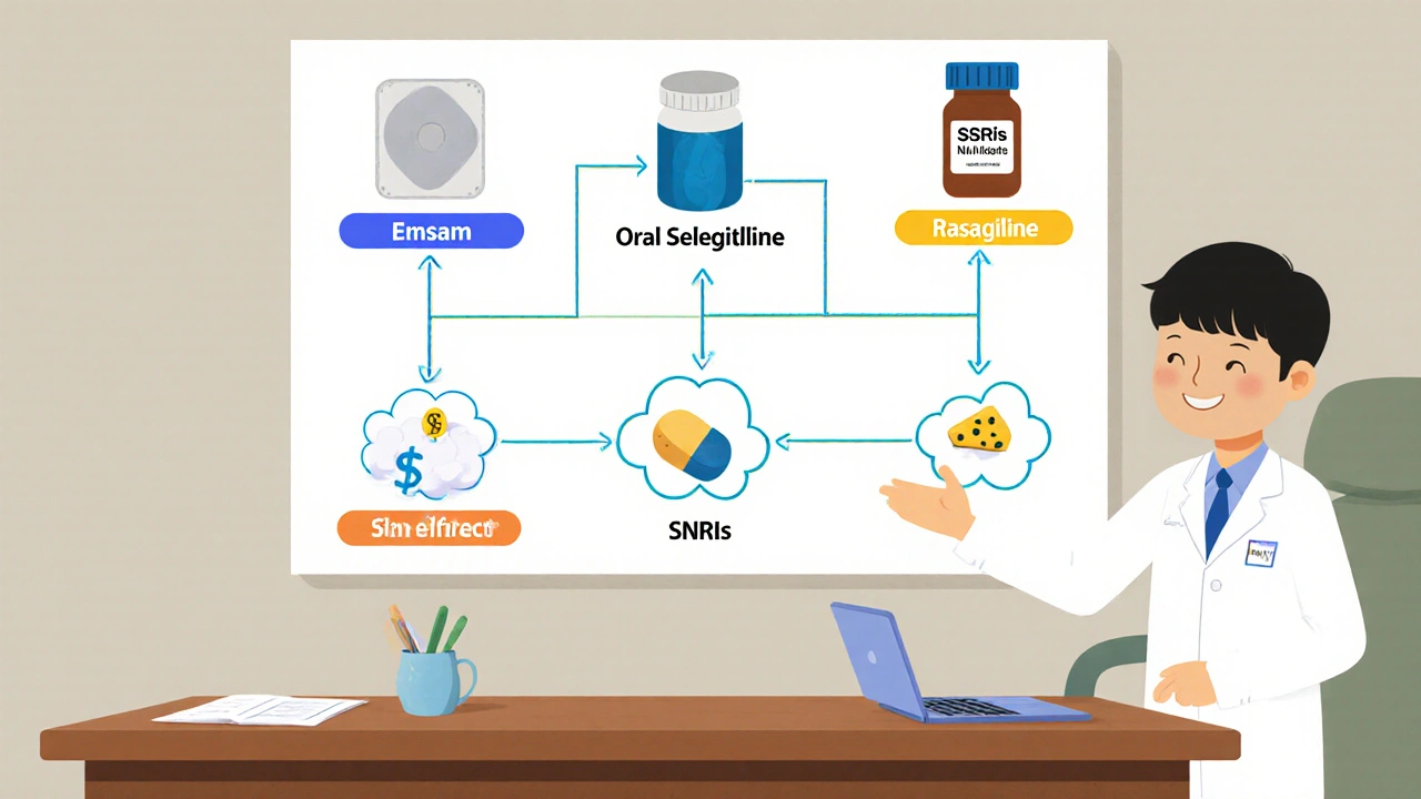 Doctor pointing at a flowchart comparing patch, pills, costs, and side effects.