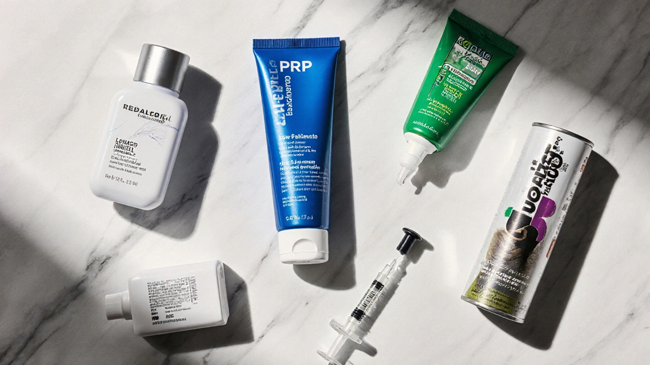 Flat‑lay of Finasteride bottle, laser cap, shampoo, Saw Palmetto, PRP syringe, and Rogaine.