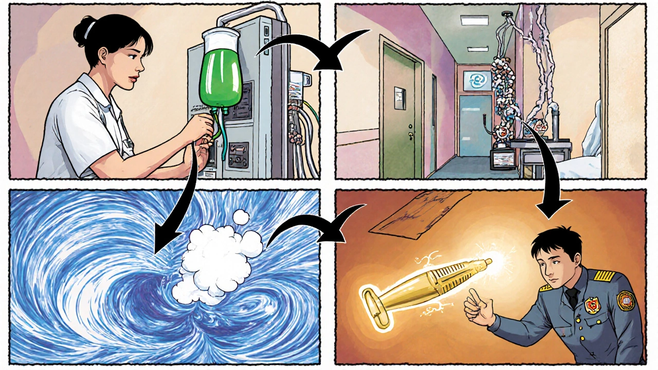 Four‑panel cartoon showing mobilization, apheresis, chemotherapy, and stem‑cell reinfusion.