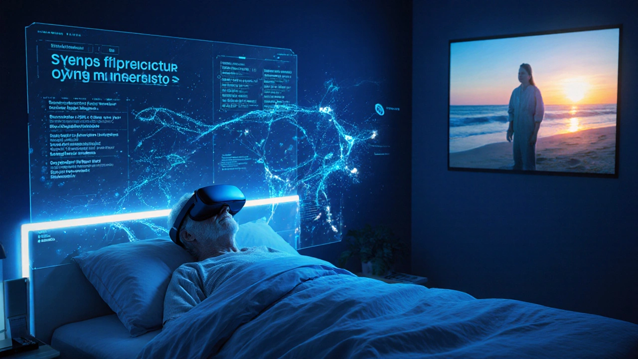 Futuristic bedroom showing AI symptom predictor, VR reminiscence therapy, and tele‑palliative support.