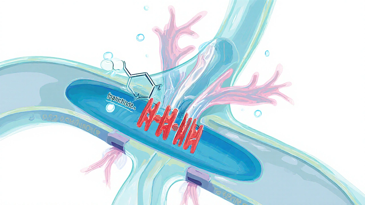 Illustrated cross‑section of a kidney showing a blocked sodium‑chloride transporter in the distal tubule.