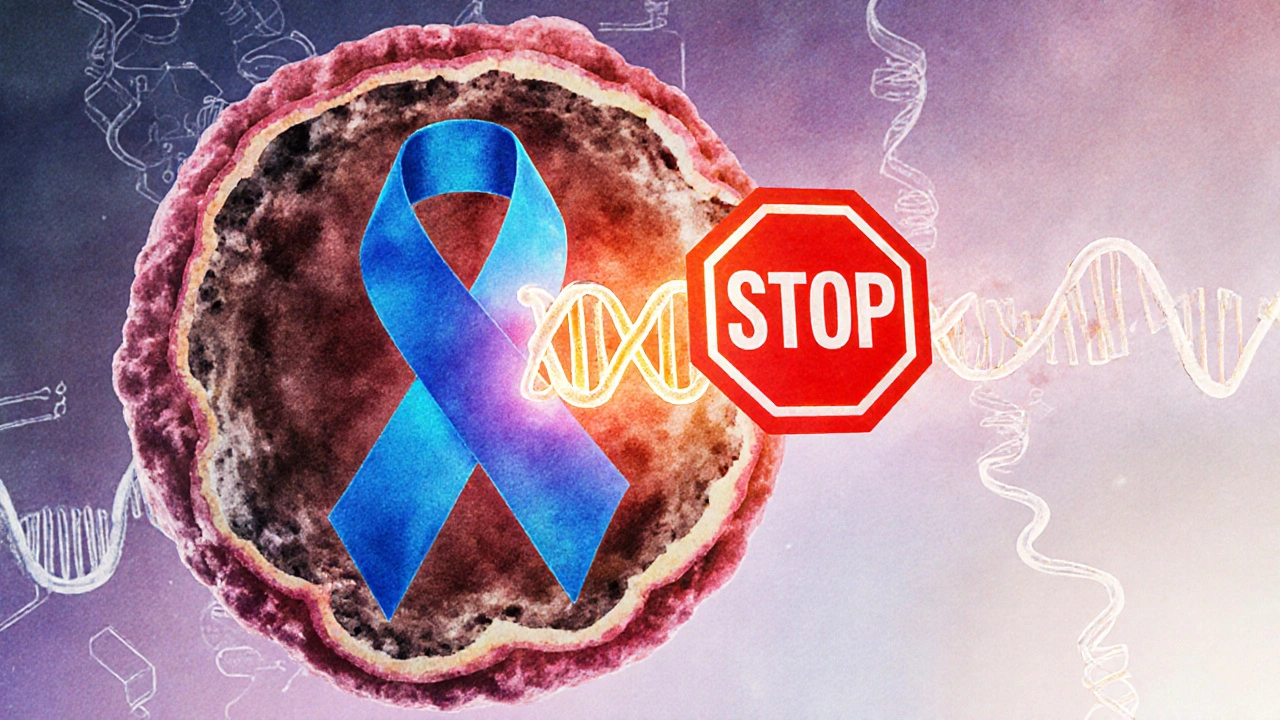 Illustration of lamivudine halting HIV reverse transcriptase inside a virus particle.