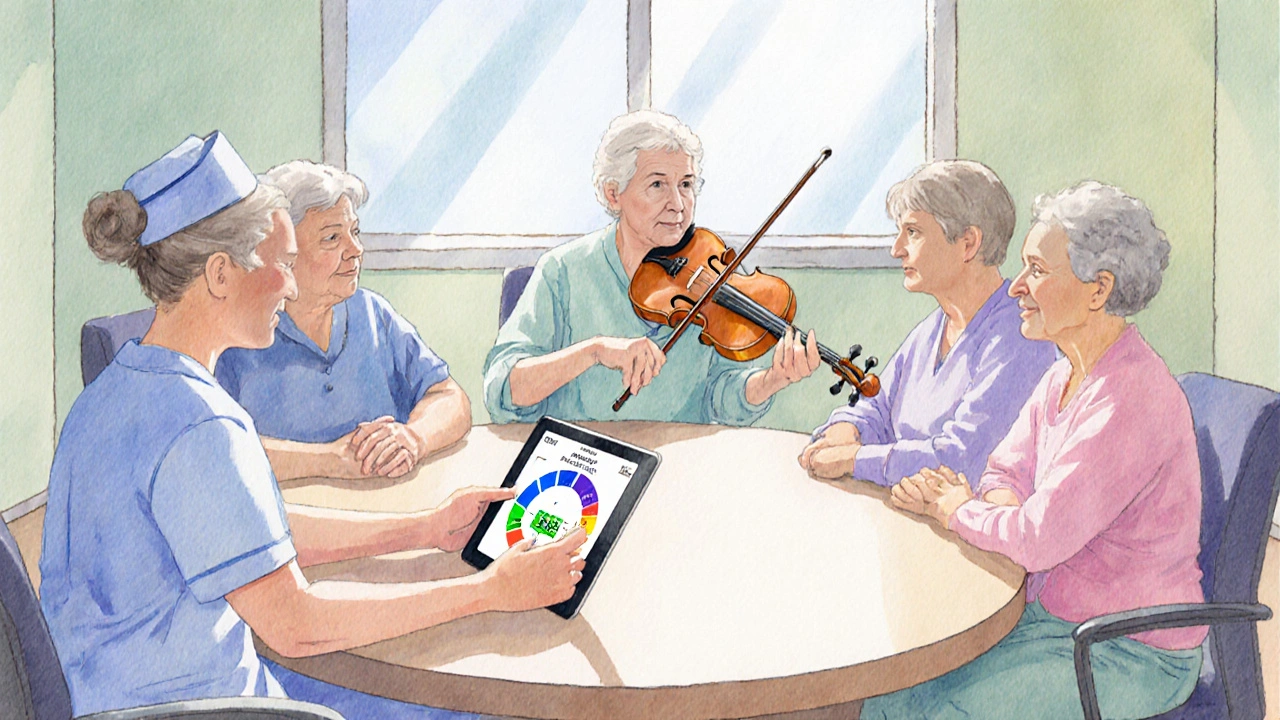 Interdisciplinary team meeting with music therapy and digital pain assessment tools in pastel tones.