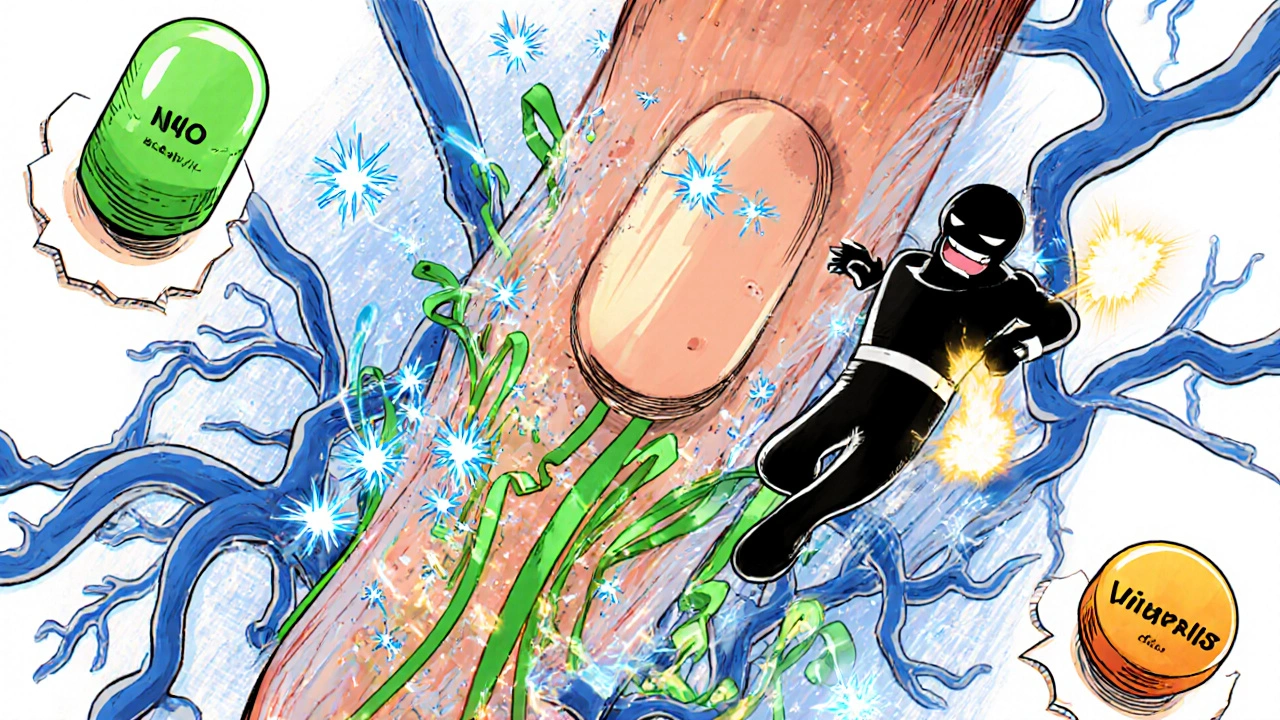 Manhua illustration of blood vessels expanding as Avanafil blocks PDE5, with NO and cGMP visualized.