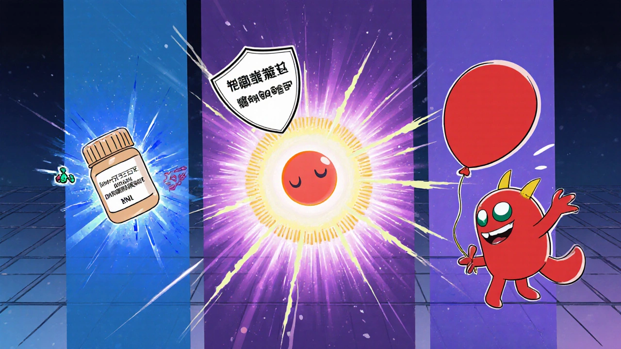 Manhua illustration of Leflunomide blocking an enzyme, compared to other drug actions.