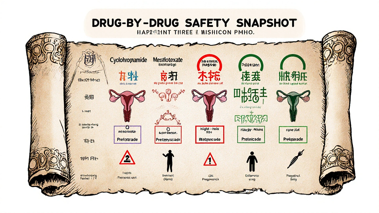 Manhua panel listing immunosuppressant drugs with icons for male, female, and pregnancy risks.