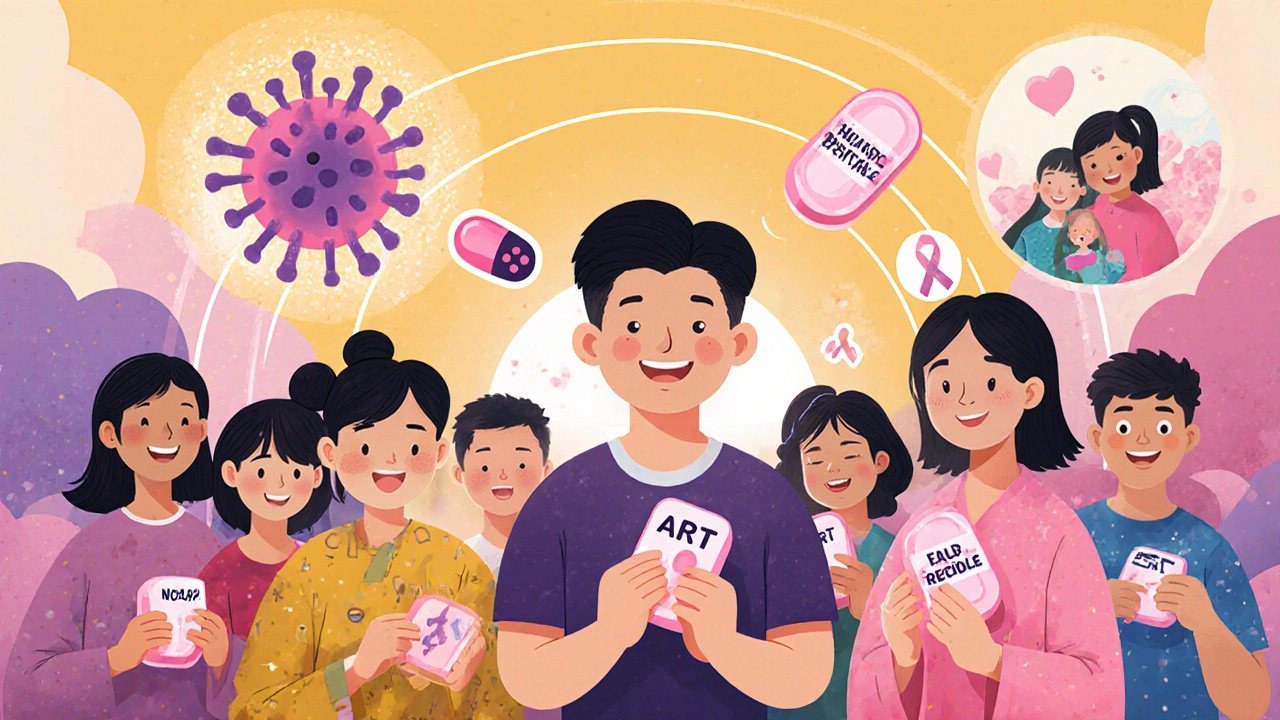 Manhua scene of people taking early ART, showing health and zero transmission.