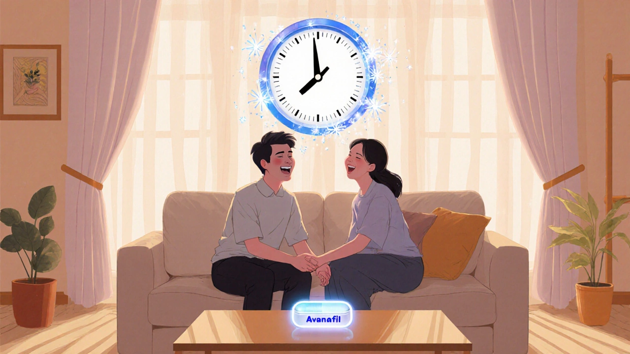 Manhua style happy couple embracing, with a 15‑minute clock and glowing Avanafil pill nearby.
