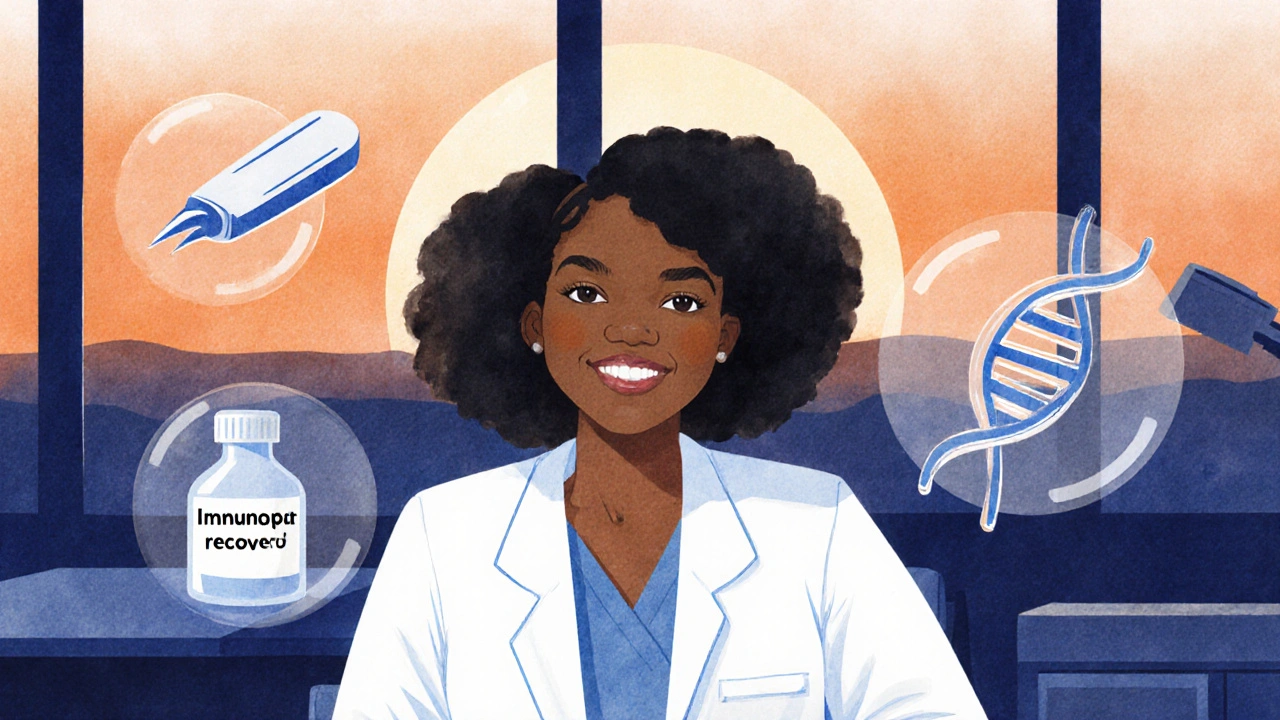 Optimistic patient of color surrounded by symbols of surgery and immunotherapy.