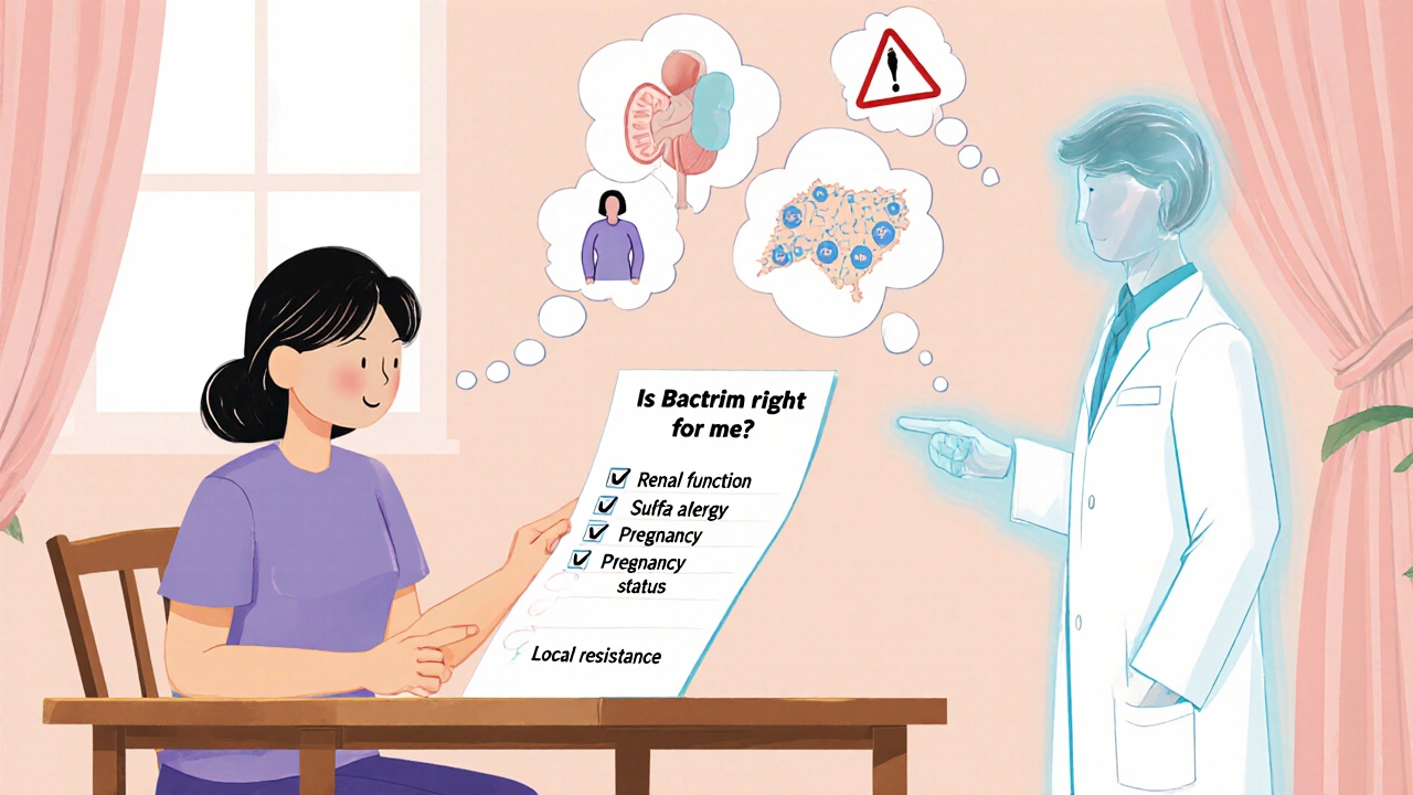 Patient reviewing a Bactrim decision checklist with doctor hologram highlighting key criteria.