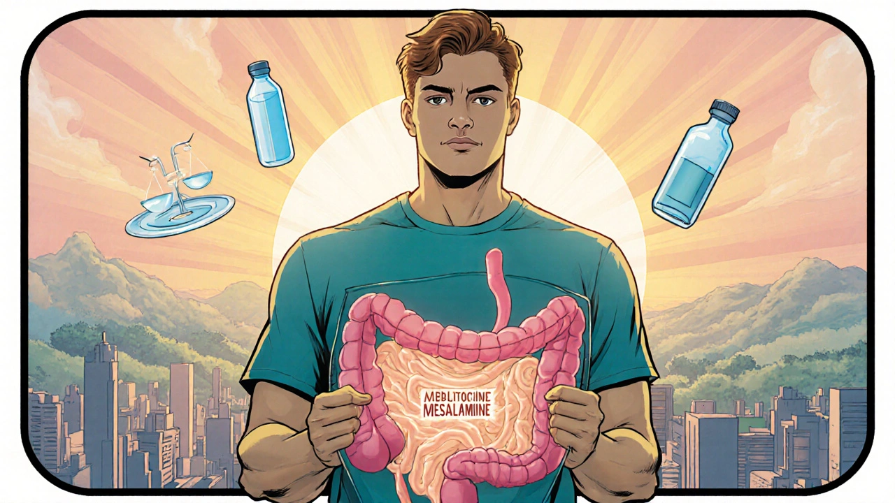 Patient with mesalamine shield stands before a peaceful colon sunrise.