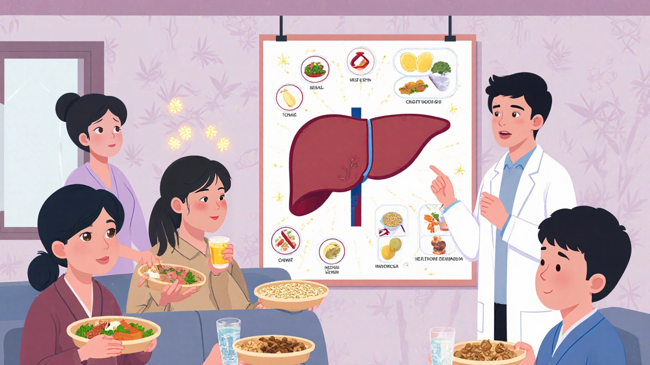 Patients in clinic holding healthy meals, doctor pointing to liver food poster