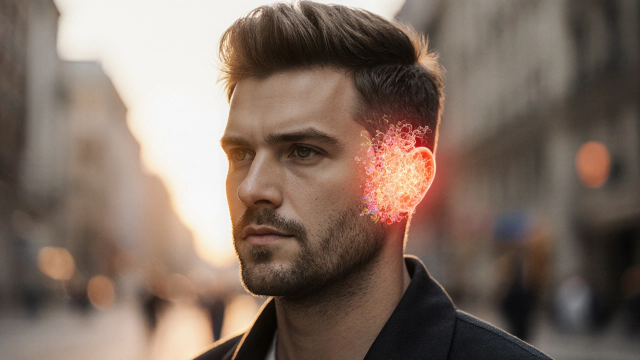 Portrait of man with half realistic hair, half glowing follicle illustration.