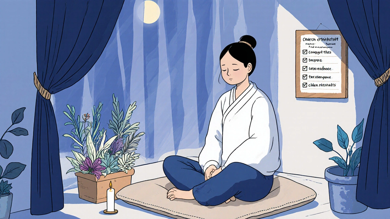 Quiet meditation nook with cushions, indoor plants, candle, and a person meditating peacefully.
