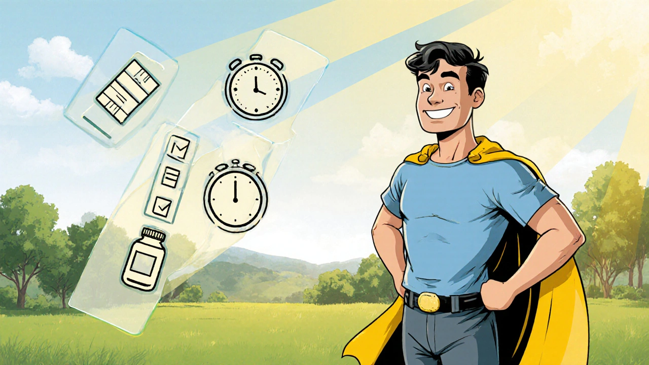 Recovered man standing confidently in a park, cape fluttering, with subtle health‑check icons around him.