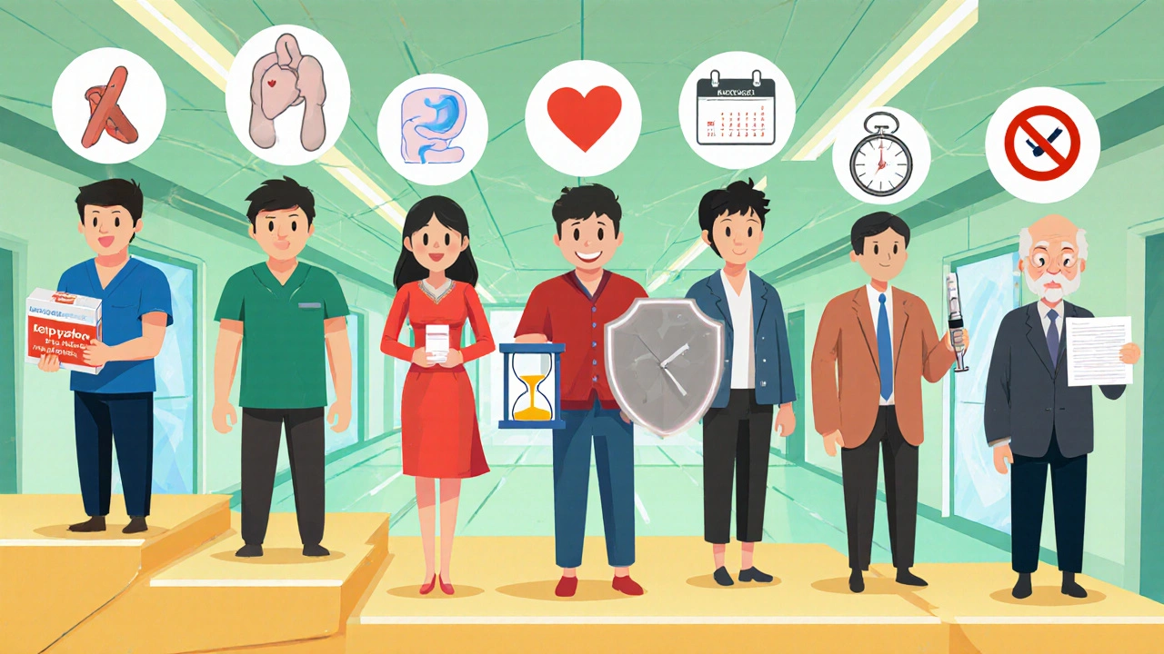 Seven cartoon characters represent different NSAIDs with icons for GI risk, heart risk, and dosing frequency.