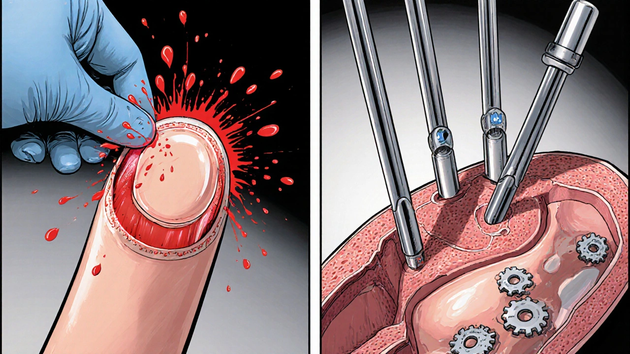 Split comic panel showing a distal shunt incision and a penile prosthesis implantation in vivid colors.