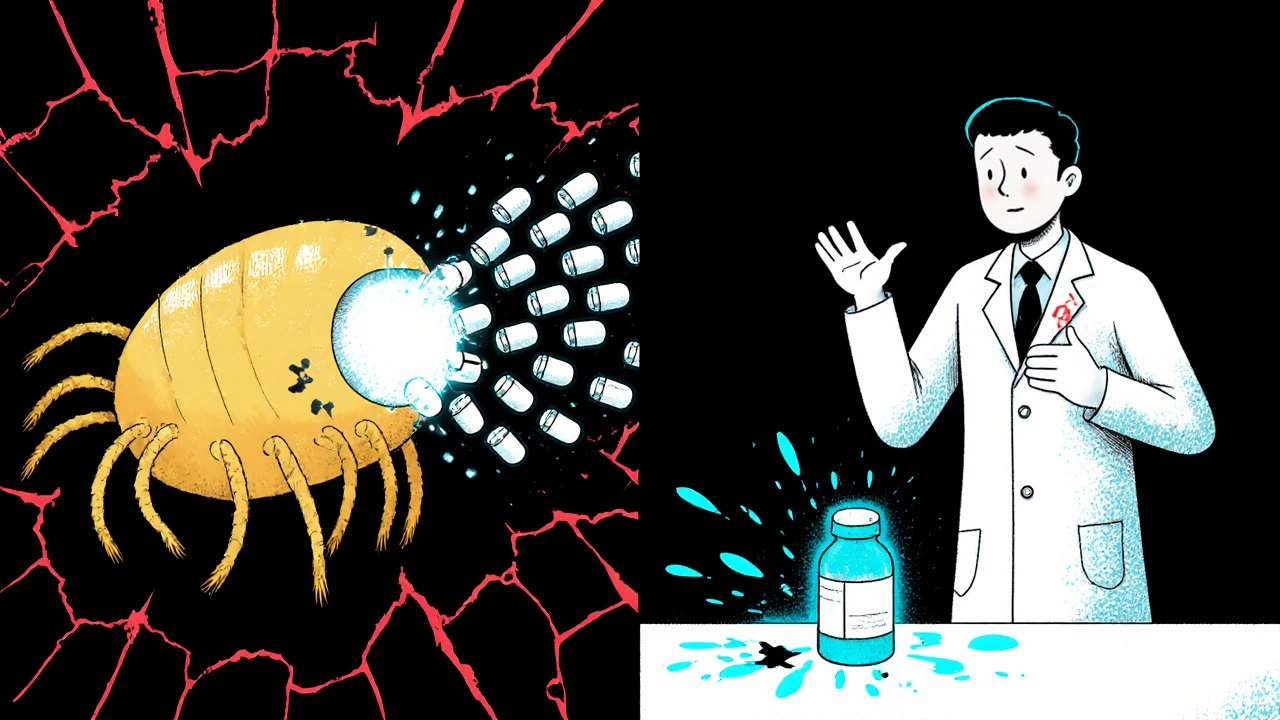 Split illustration of drug-resistant parasite rejecting chloroquine versus modern malaria treatments.