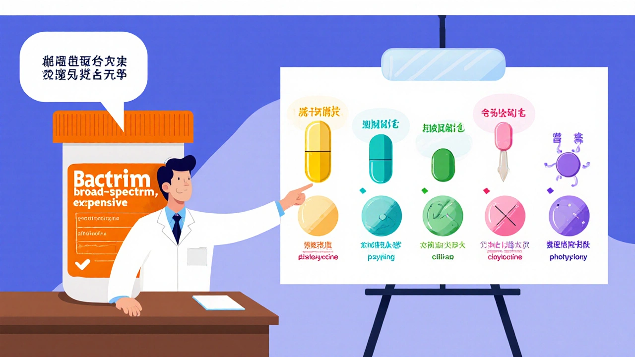Split-screen comic comparing Bactrim with five alternative antibiotics and their pros and cons.