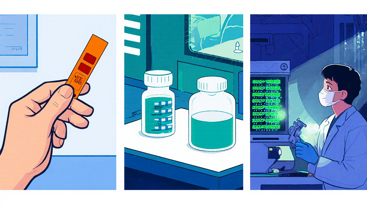 Three‑panel Chinese manhua showing rapid test, combo test, and RNA PCR for HIV.