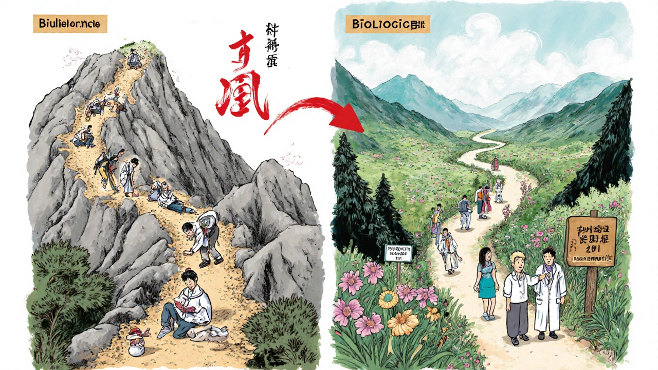 A mountain path showing two routes—one dangerous with falling hikers, the other peaceful with healthy patients and a doctor guiding the way.