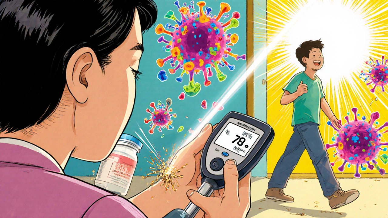 A patient receiving a biologic injection as targeted immune cells are neutralized by light, with pills breaking apart.