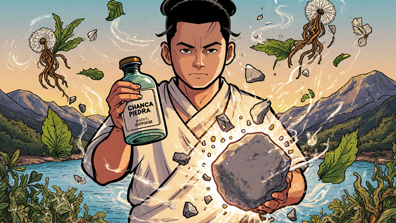 A person watches a kidney stone break apart as dandelion and nettle leaves swirl around it in a healing scene.